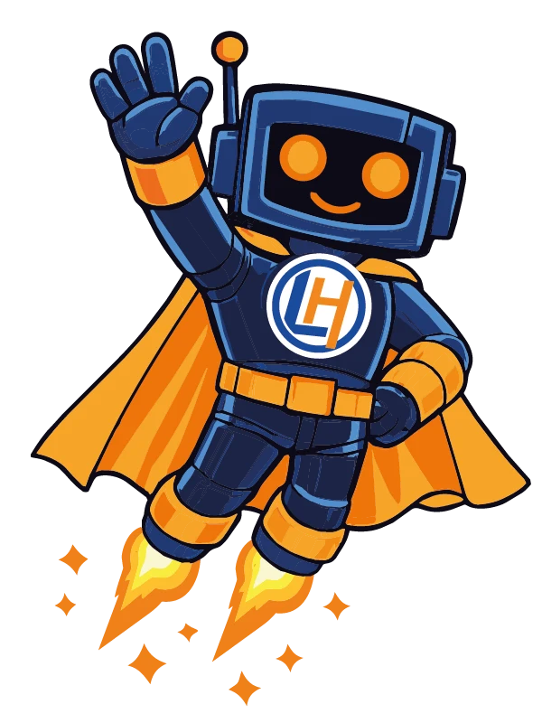 Ein Roboter mit einem freundlichen Gesicht, blauem Körper und orangefarbenem Umhang, der eine Hand zum Gruß erhoben hat.