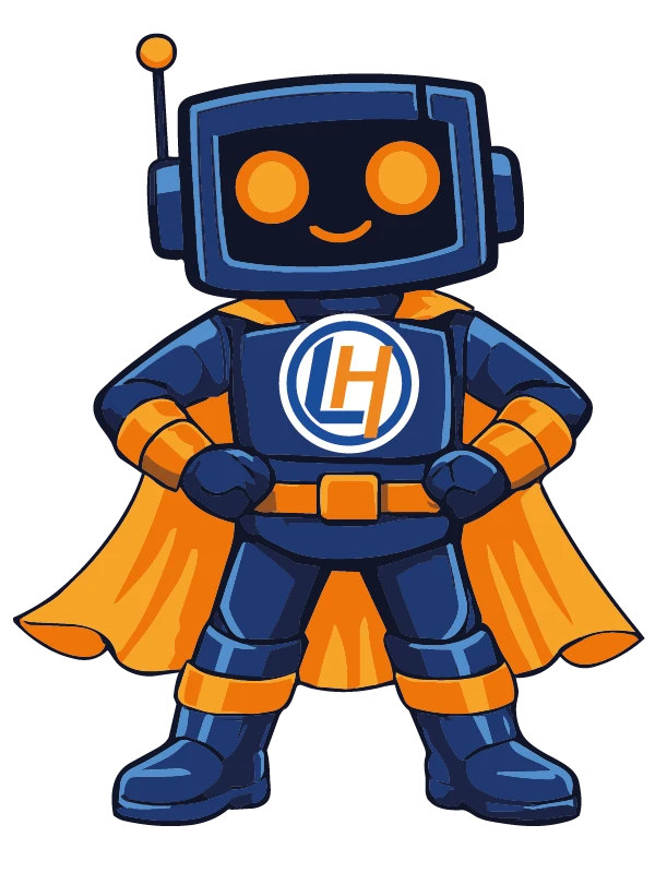 Ein Roboter mit einem freundlichen Gesicht und einem Umhang, der das Logo von Lohnheld zeigt.