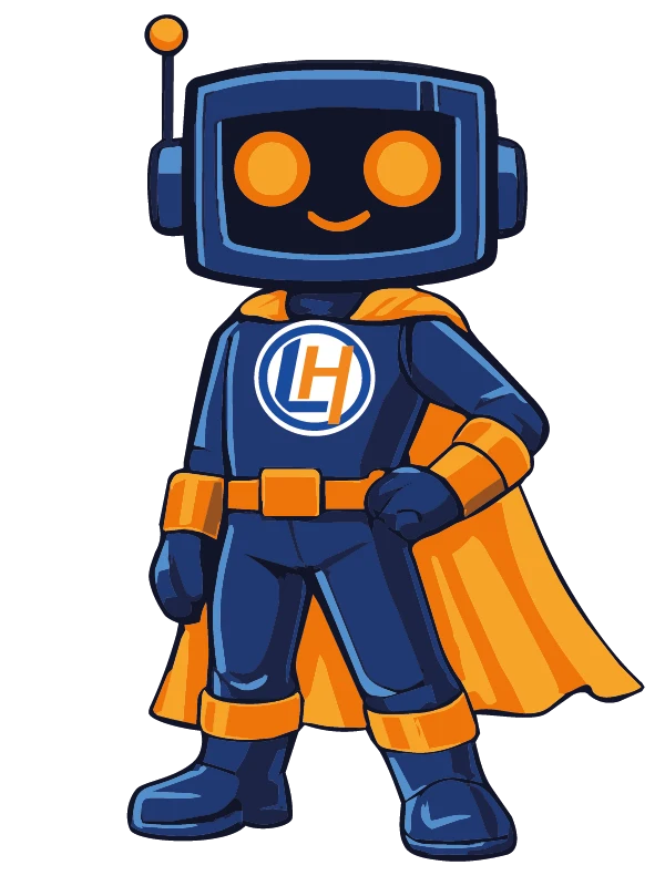Lohnheld Maskottchen, ein Roboter mit blauem Körper und orangefarbenem Cape
